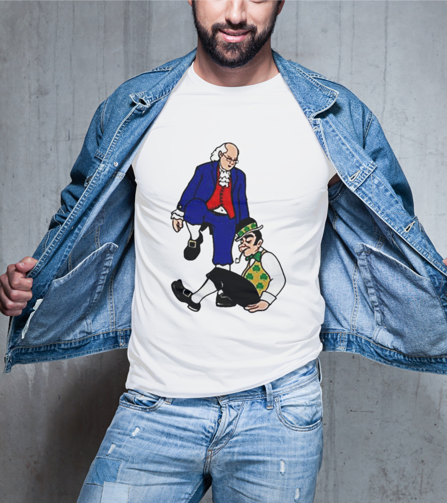 Ben Franklin Stepover Cartoon Colonial Vs Leprechaun T-Shirt