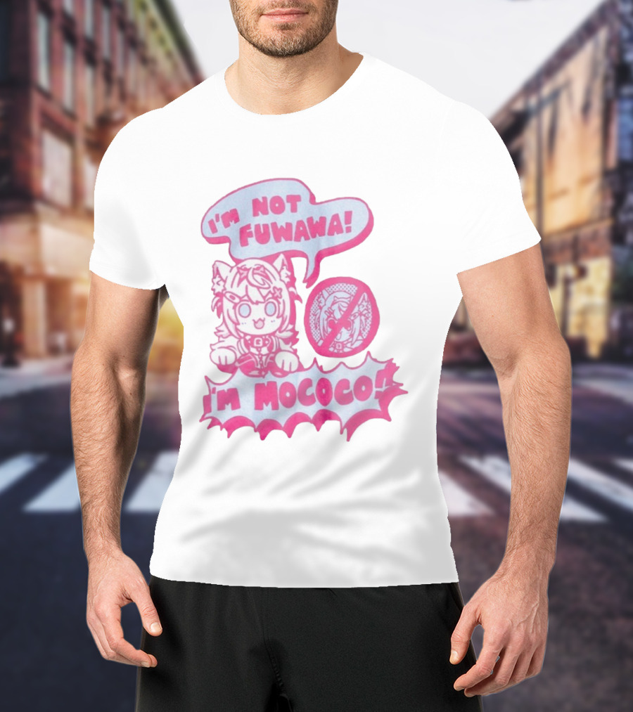 I'm Not Fuwawa I'm Mococo Anime Character Expression Pink And White Speech Bubbles T-Shirt