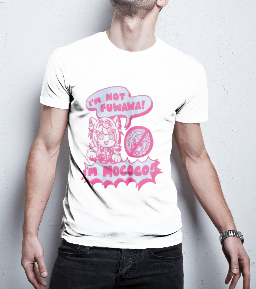 I'm Not Fuwawa I'm Mococo Anime Character Expression Pink And White Speech Bubbles T-Shirt