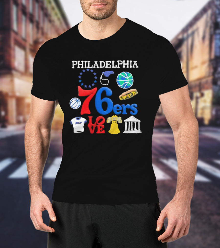 Philadelphia 76ers Claymation Icons Hot Dog Liberty Bell Basketball LOVE Statue City T-Shirt