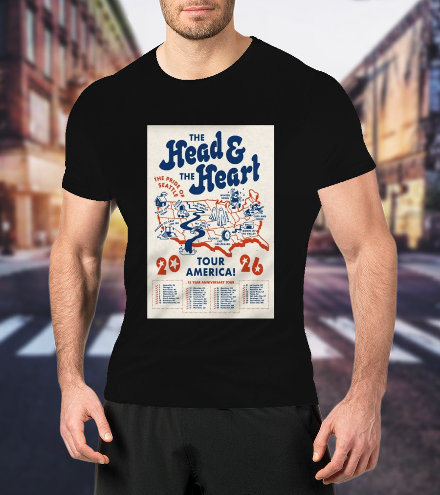 The Head And The Heart Tour America 2026 Pride Of Seattle Map 15 Year Anniversary T-Shirt