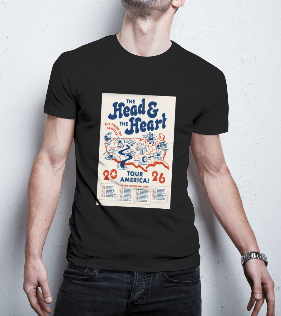 The Head And The Heart Tour America 2026 Pride Of Seattle Map 15 Year Anniversary T-Shirt