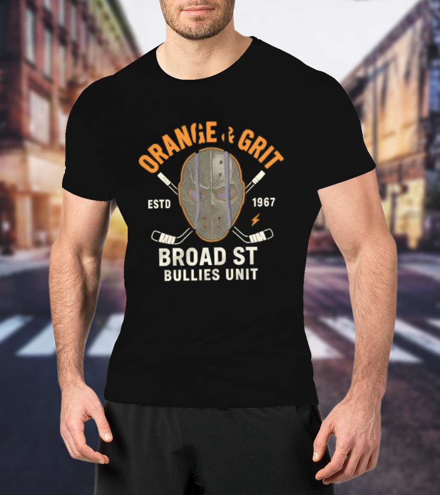 Orange And Grit Broad St Bullies Unit ESTD 1967 Hockey Mask And Sticks T-Shirt