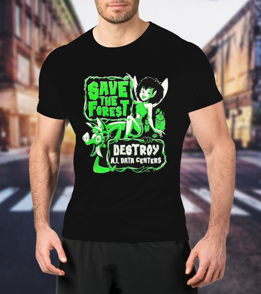 Save The Forest Destroy A.I. Data Centers Cartoon Fairy And Boar T-Shirt