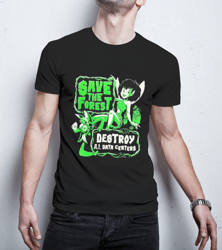 Save The Forest Destroy A.I. Data Centers Cartoon Fairy And Boar T-Shirt
