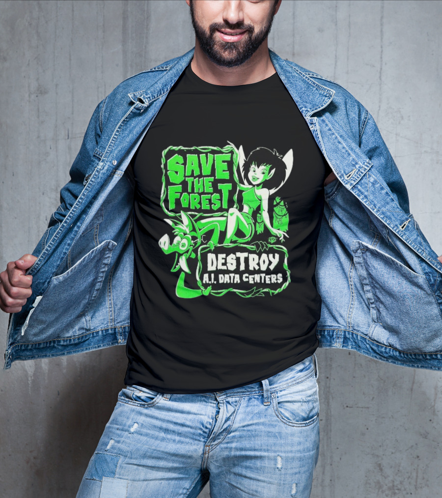 Save The Forest Destroy A.I. Data Centers Cartoon Fairy And Boar T-Shirt