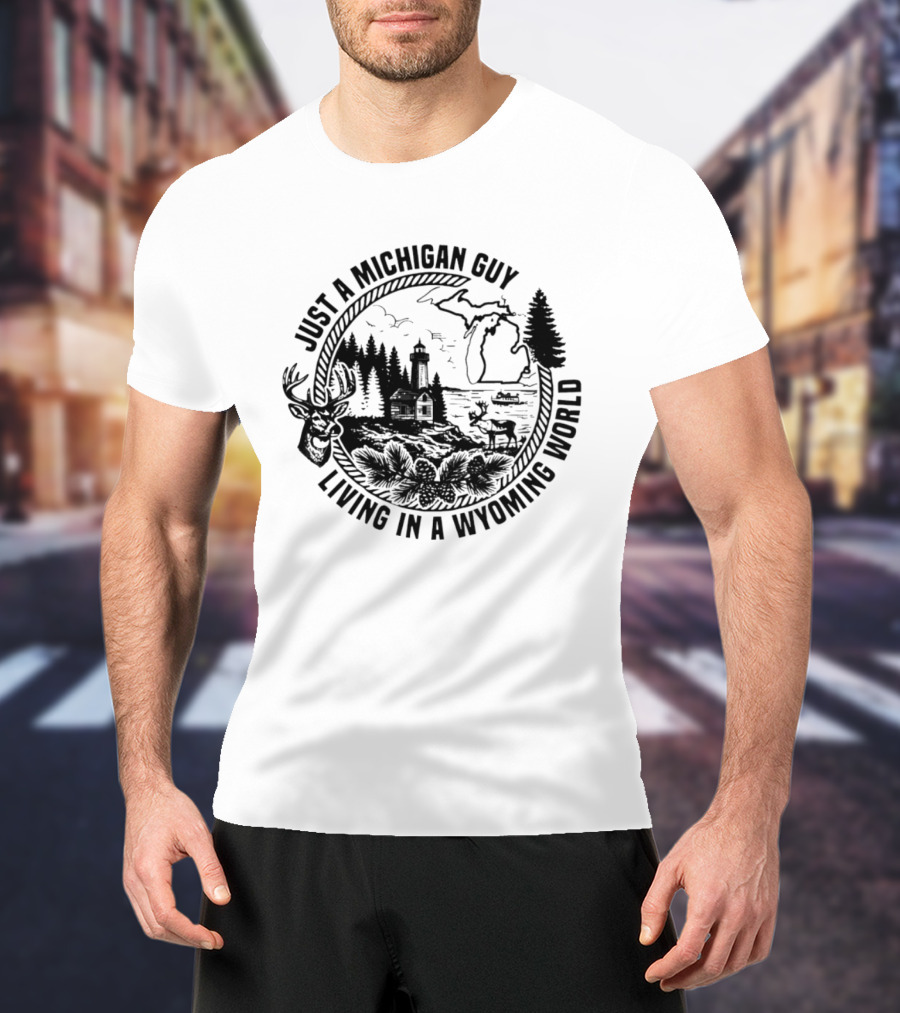 Just A Michigan Guy Living In A Wyoming World Deer Lighthouse Nature Map T-Shirt