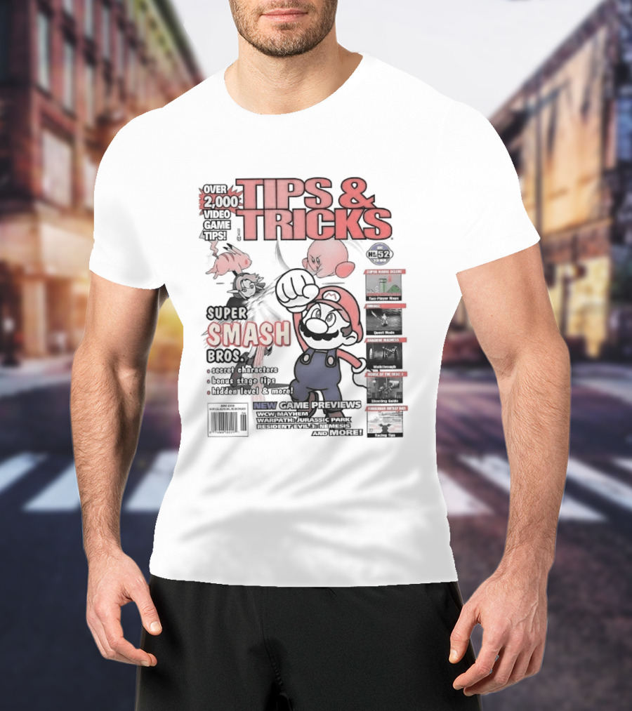 Super Smash Bros Over 2000 Video Game Tips And Tricks Retro Cover Mario Kirby Characters T-Shirt