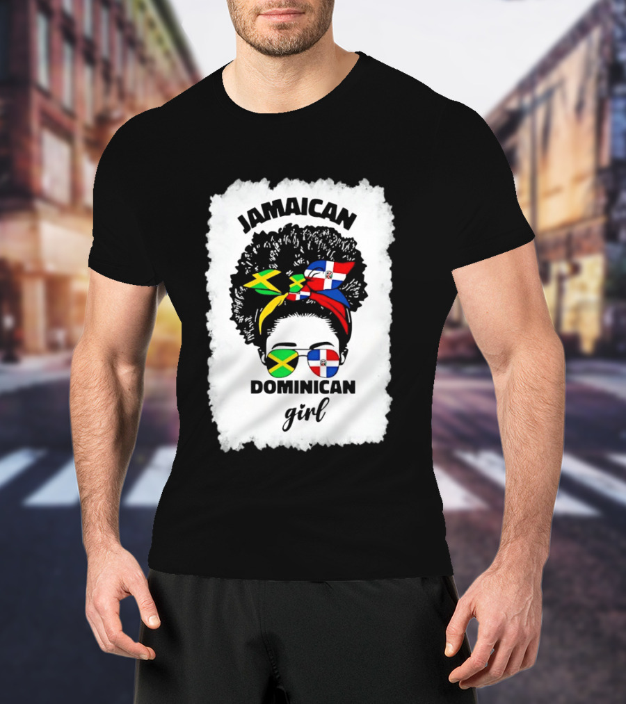 Jamaican Dominican Girl Afro Headwrap Flag Sunglasses T-Shirt