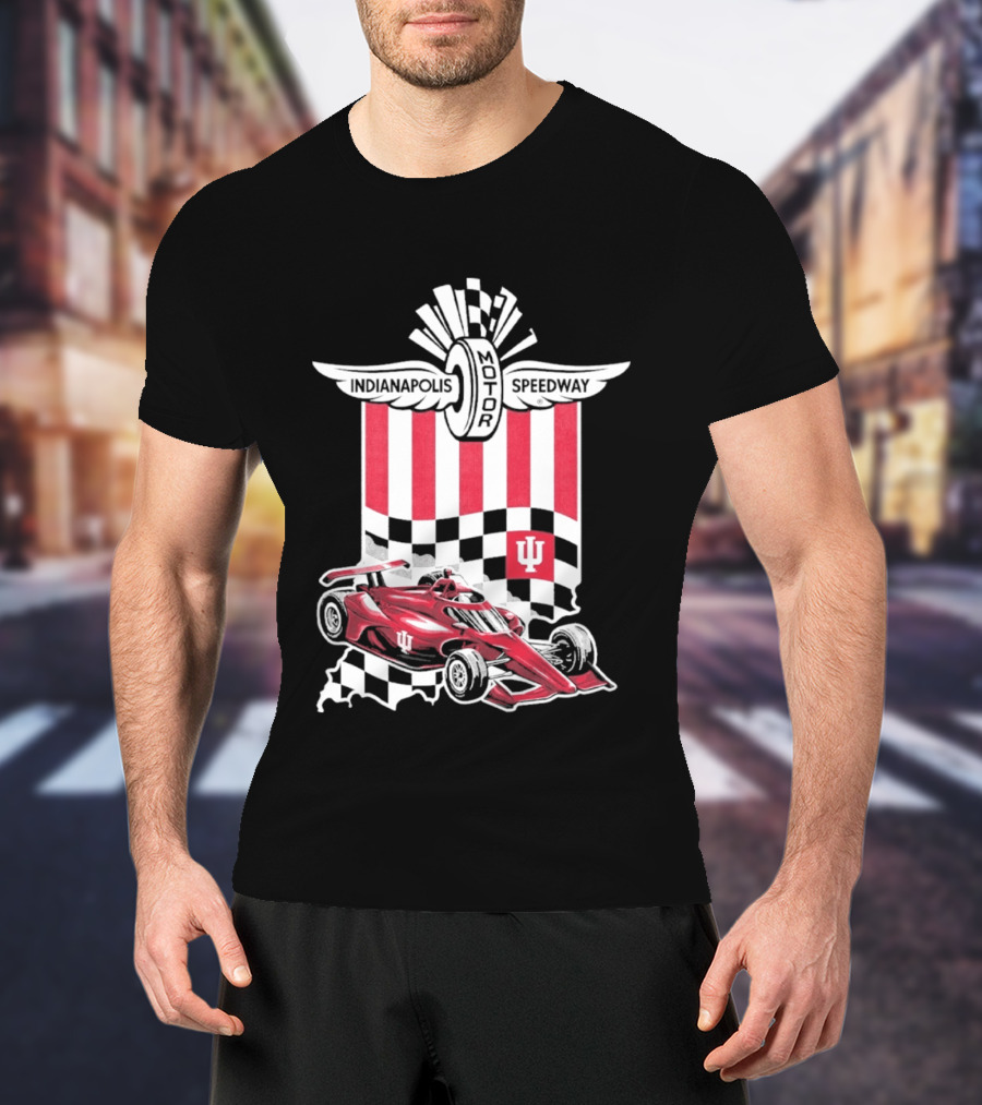 Indiana Hoosiers Red Race Car Indianapolis Motor Speedway Checker Flag T-Shirt