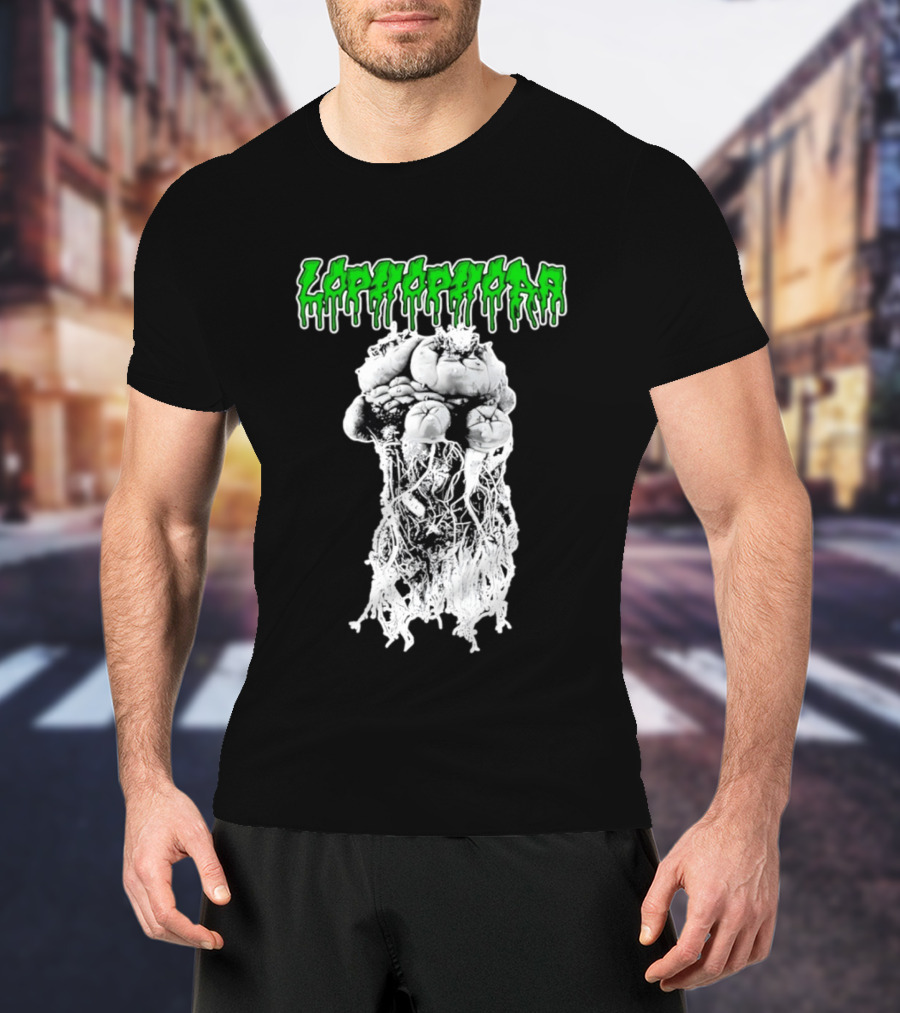 Lophophora Cactus Dripping Text With Detailed Root T-Shirt