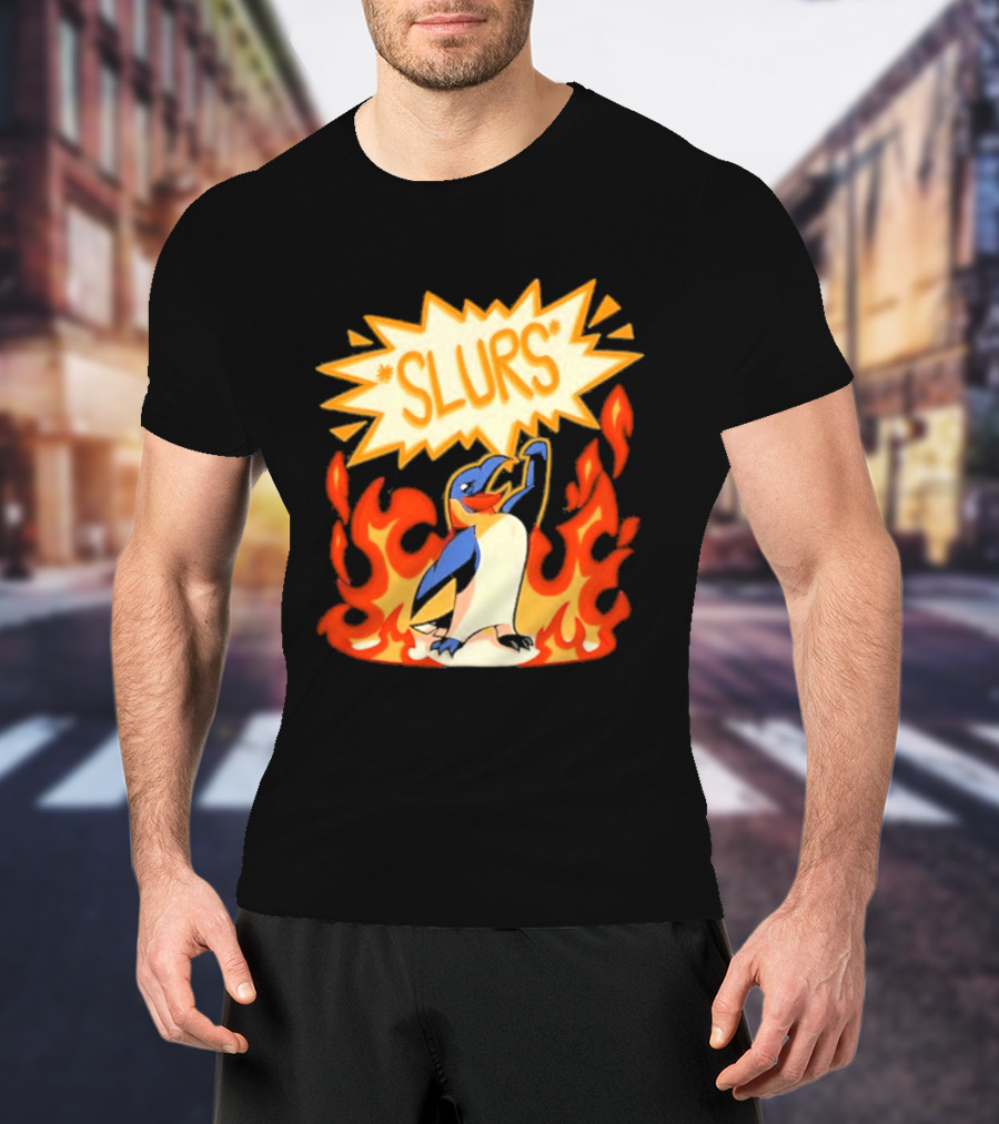 Penguin Slurs Cartoon Flaming Penguin In Fiery Speech Bubble T-Shirt
