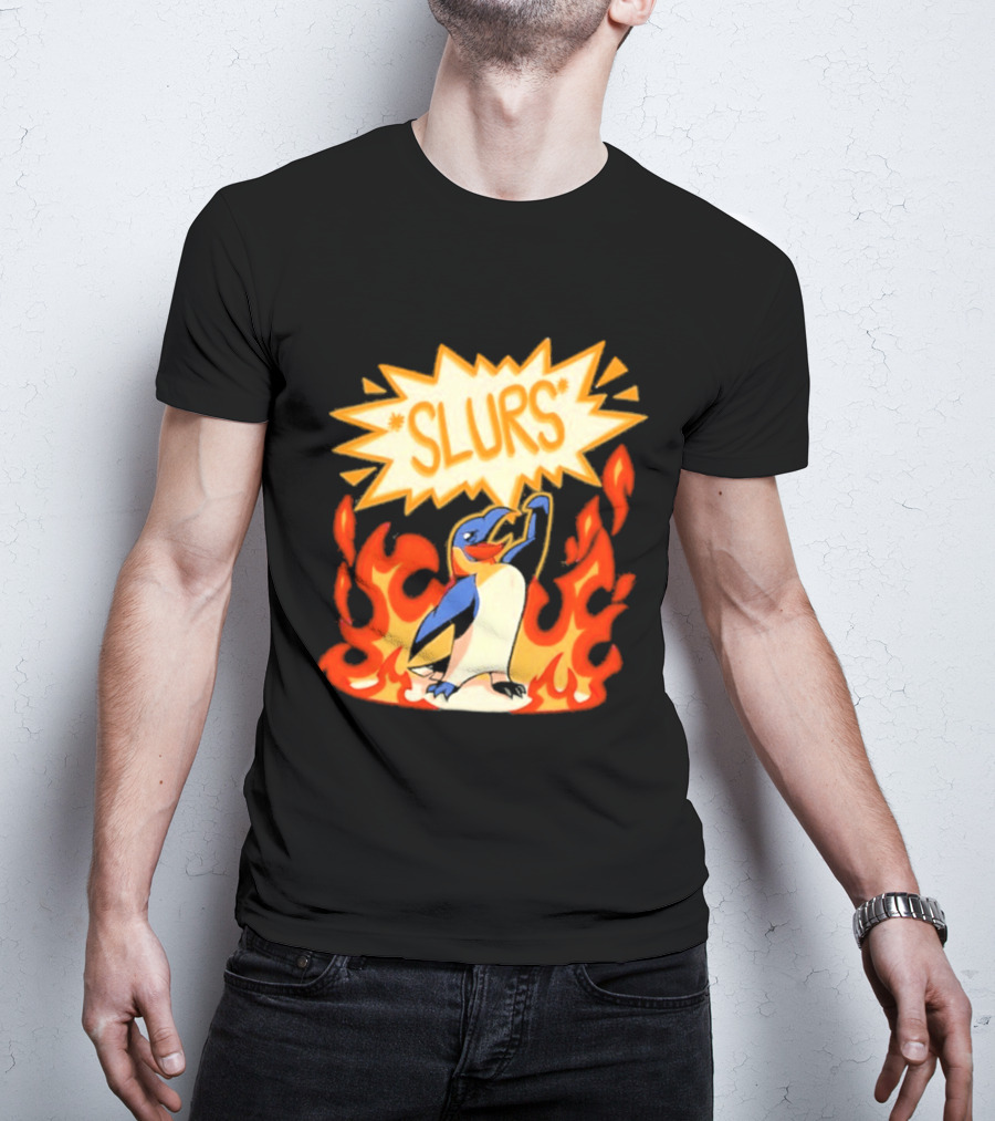 Penguin Slurs Cartoon Flaming Penguin In Fiery Speech Bubble T-Shirt