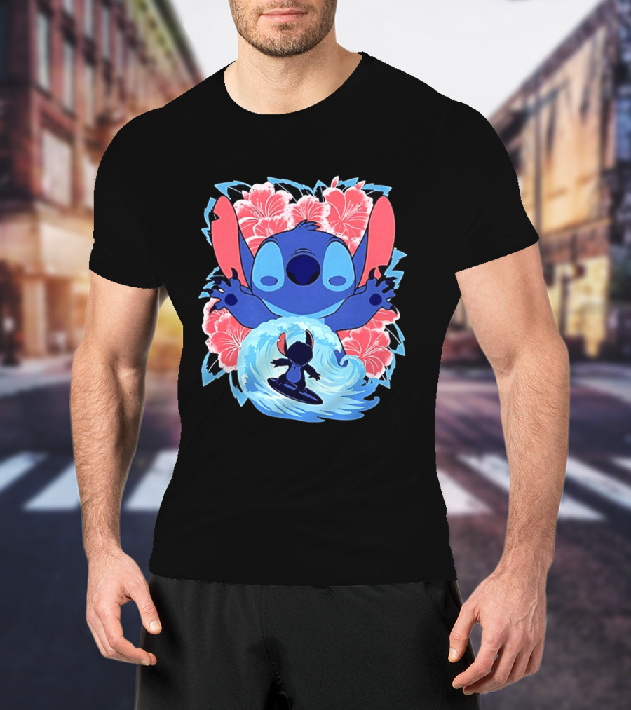 Lilo And Stitch Surfing Tropical Hibiscus Flowers T-Shirt