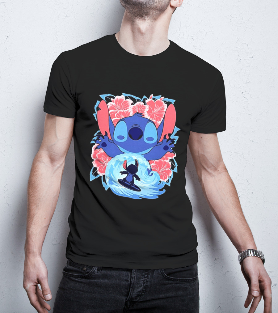 Lilo And Stitch Surfing Tropical Hibiscus Flowers T-Shirt