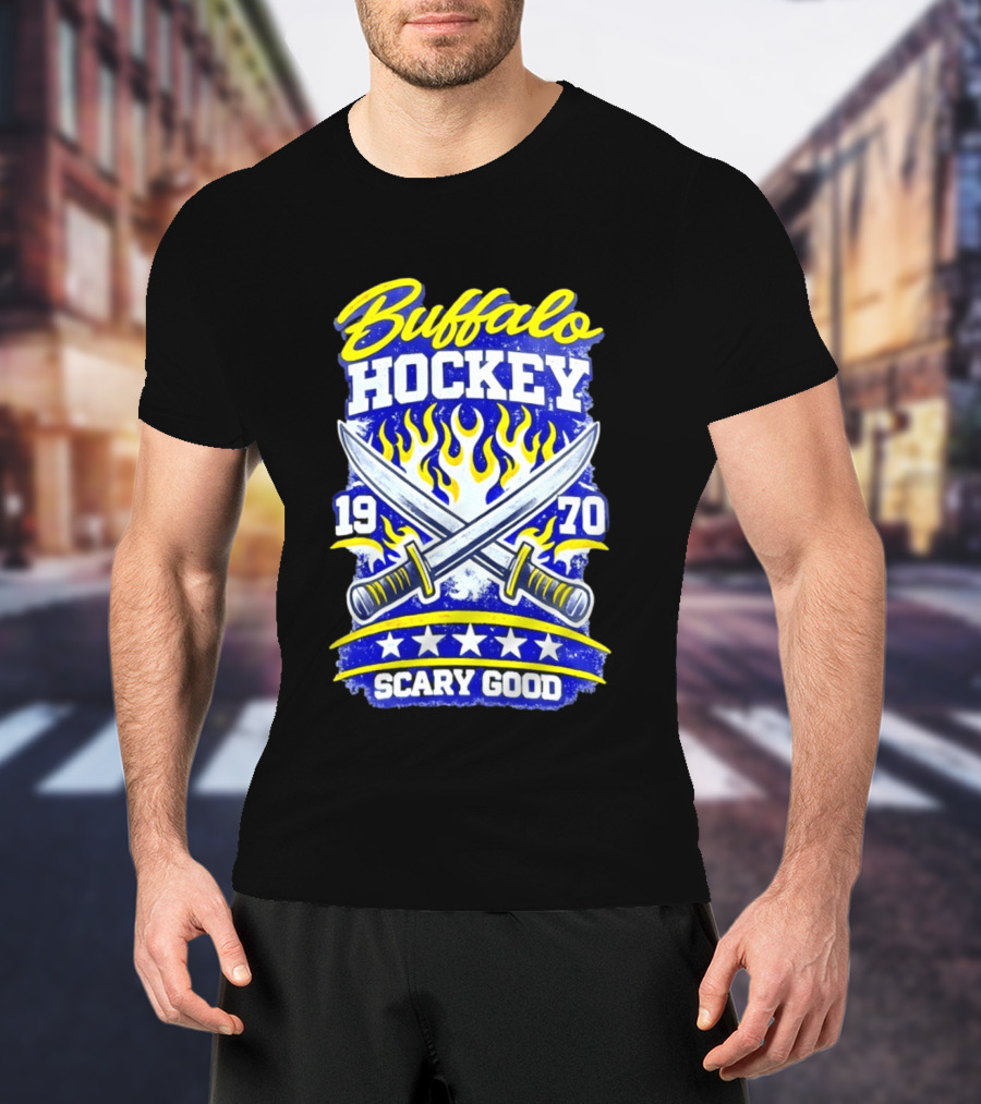 Buffalo Hockey 1970 Scary Good Crossed Swords Flames T-Shirt