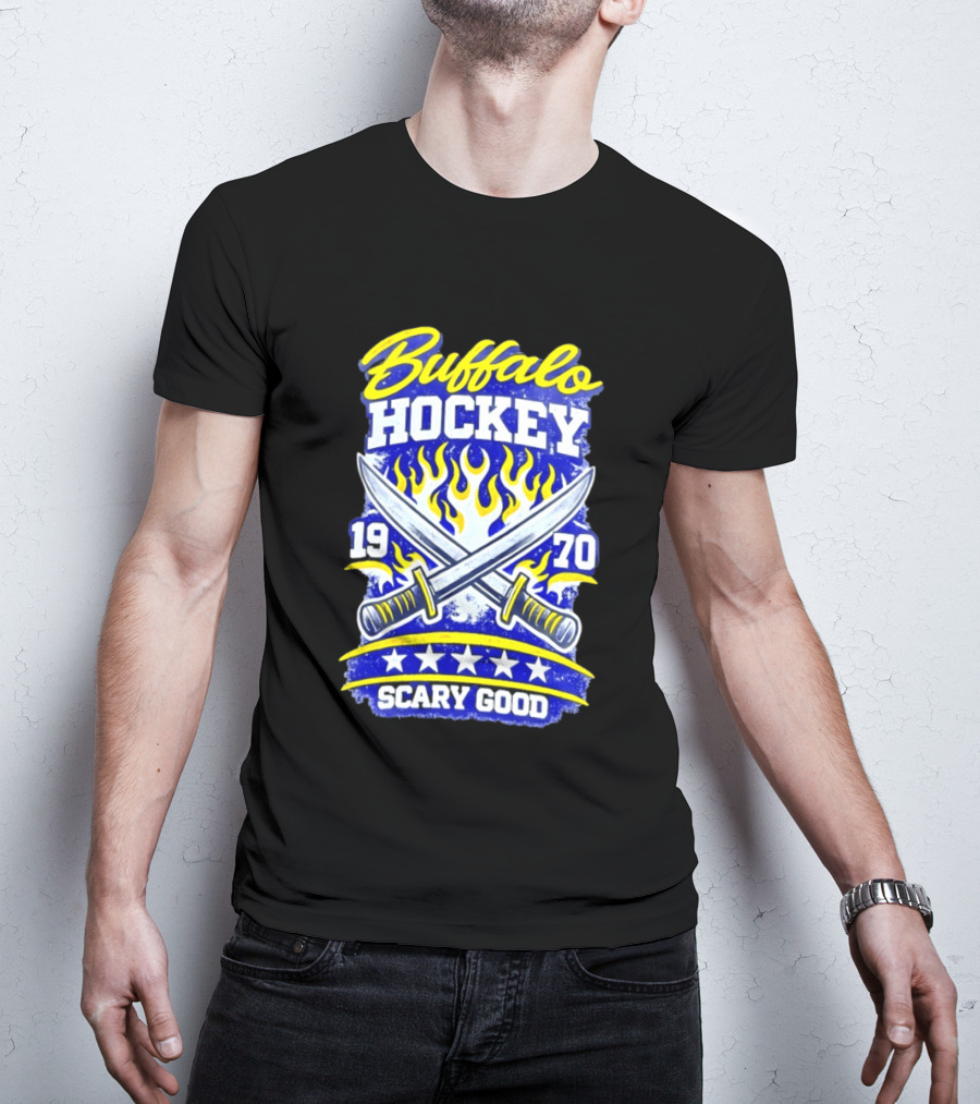 Buffalo Hockey 1970 Scary Good Crossed Swords Flames T-Shirt