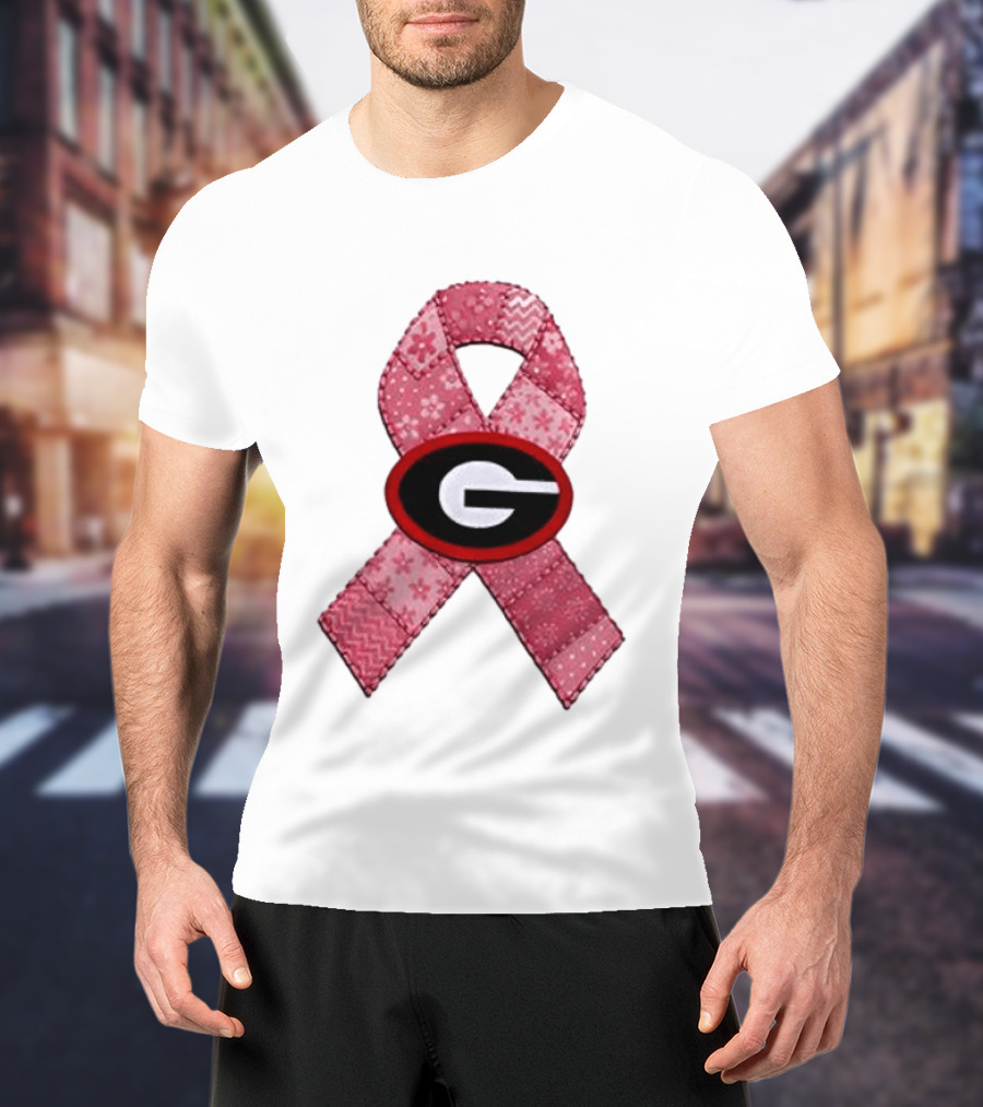 Georgia Bulldogs Patchwork Pink Ribbon Breast Cancer Awareness T-Shirt