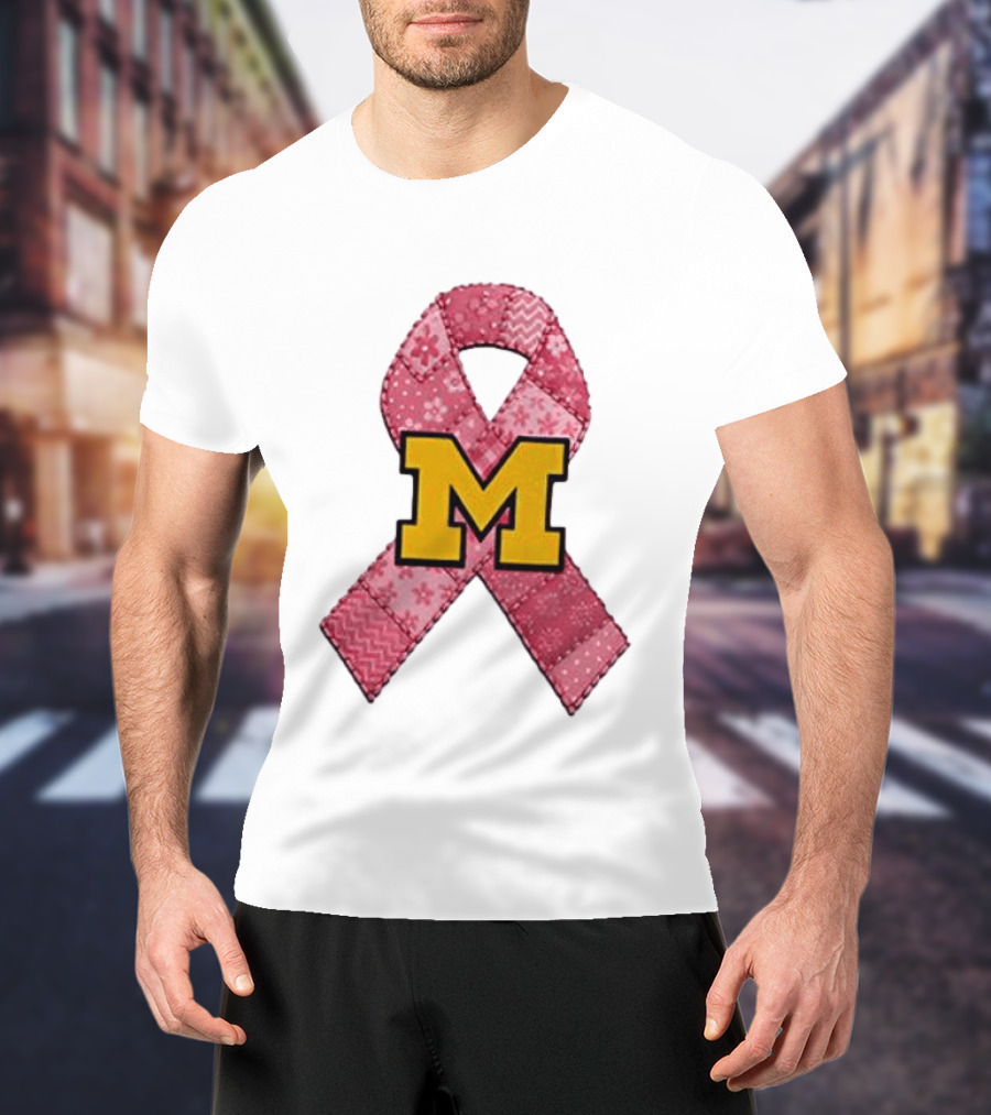 Michigan Wolverines Breast Cancer Awareness Pink Ribbon Patch T-Shirt