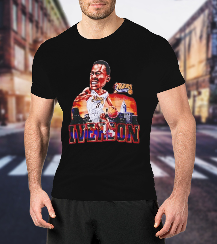 Allen Iverson 76ers Caricature With Philadelphia Skyline T-Shirt