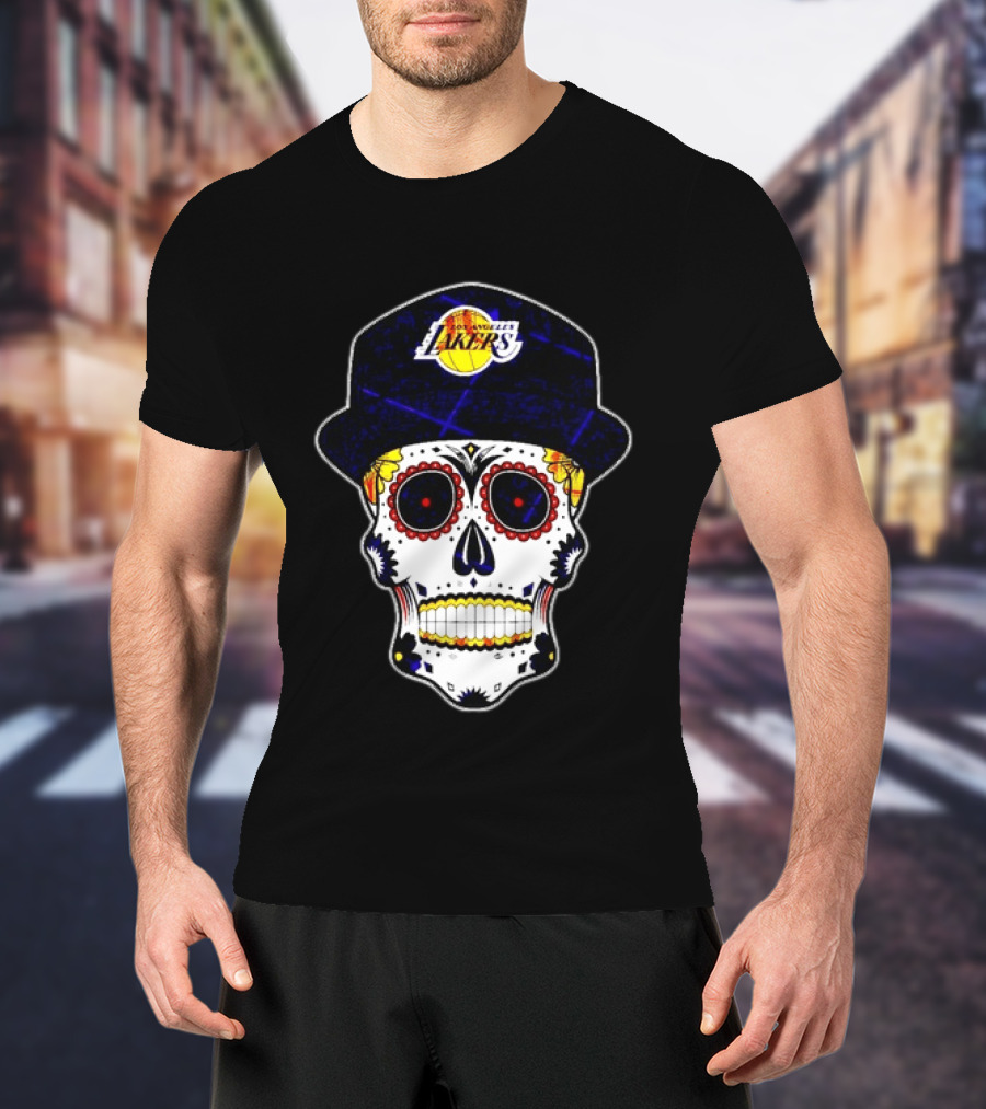 Los Angeles Lakers Sugar Skull Día De Muertos Hat Butterfly T-Shirt