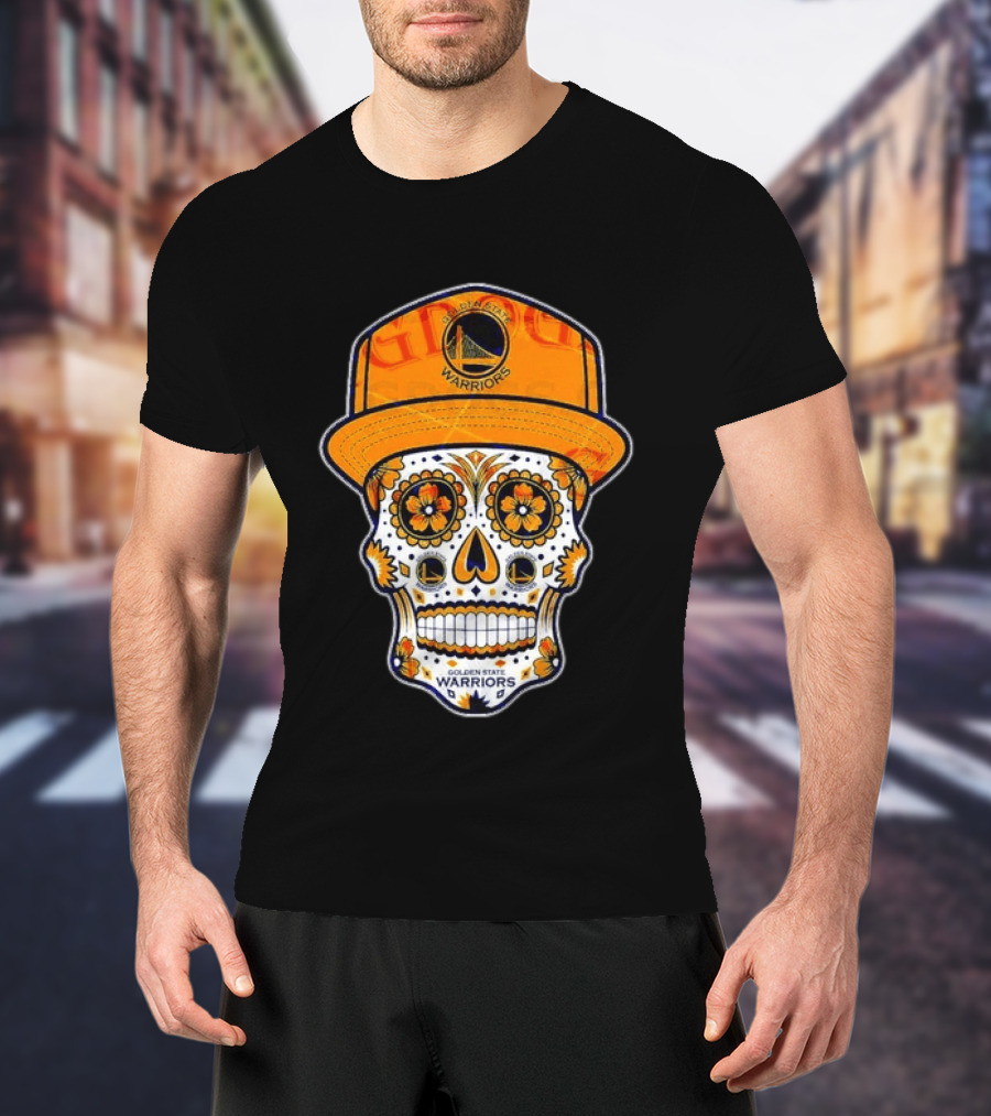 Golden State Warriors Sugar Skull Día De Muertos Cap And Floral T-Shirt