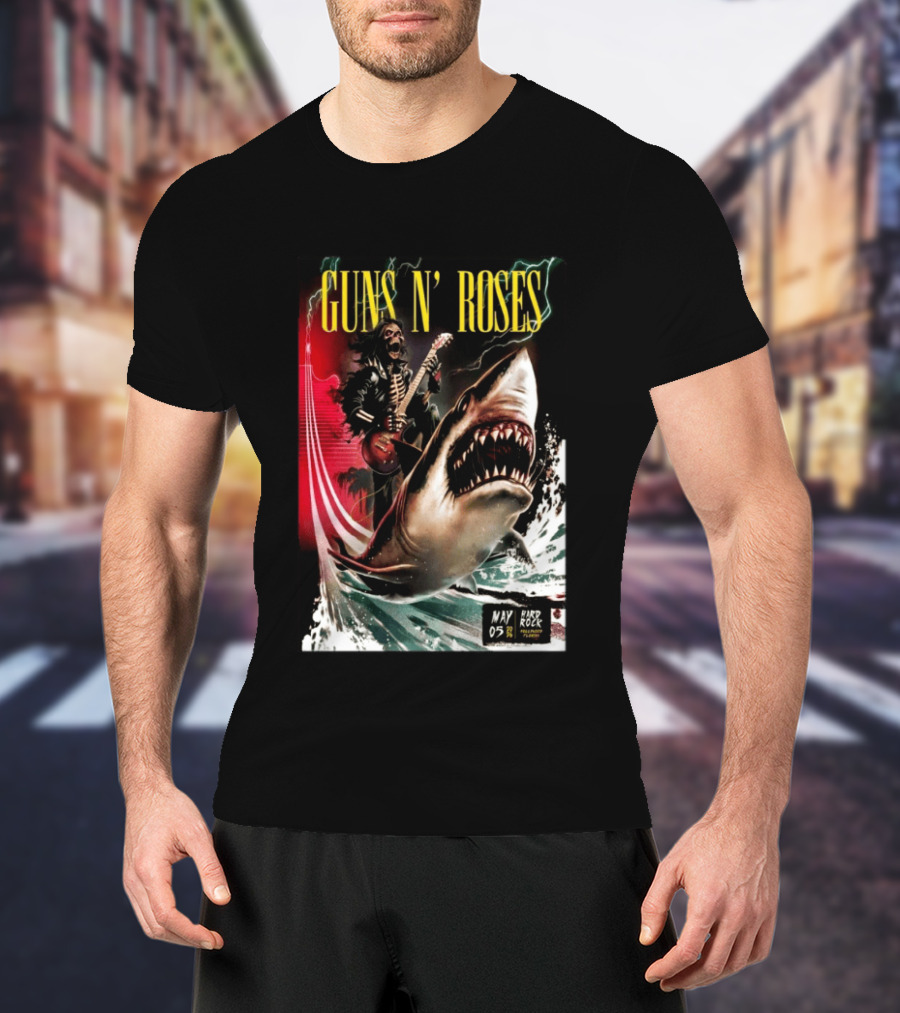 Guns N' Roses May 05 2026 Hard Rock Live Hollywood Concert Skeleton Guitarist Shark Wave T-Shirt
