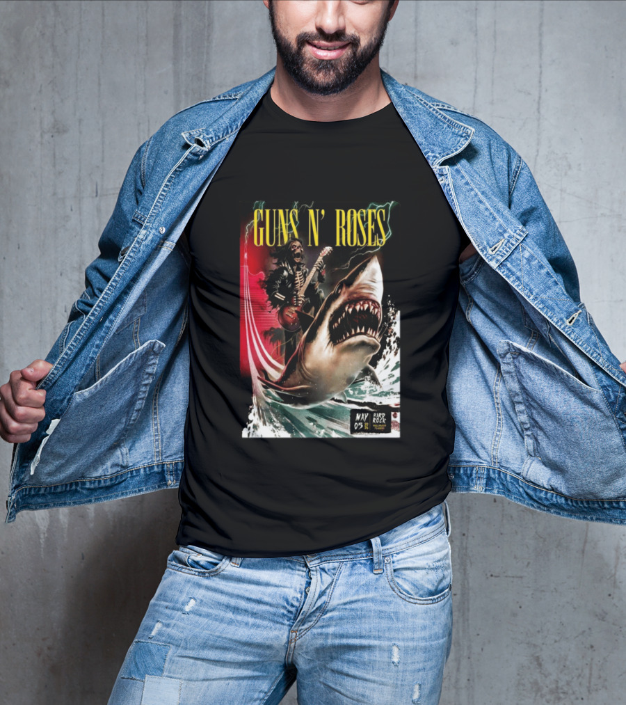 Guns N' Roses May 05 2026 Hard Rock Live Hollywood Concert Skeleton Guitarist Shark Wave T-Shirt