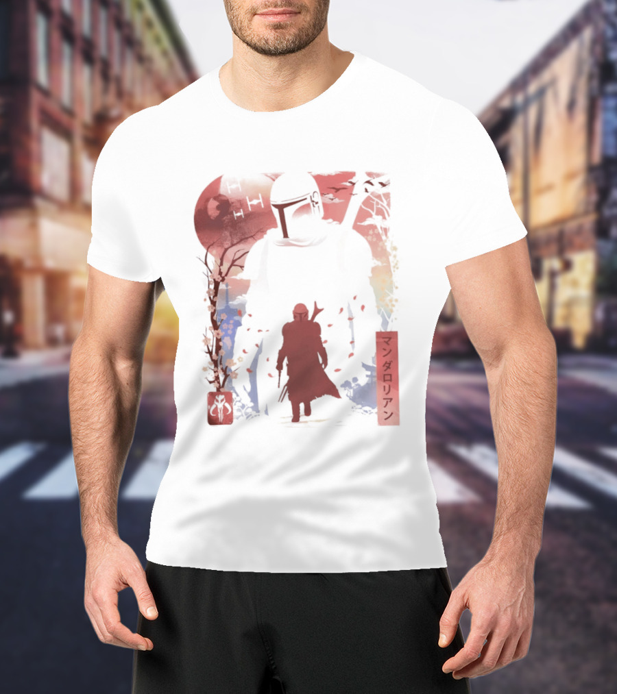 Lone Gunfighter Mandalorian Creed Japanese Text Star Wars Art Red Blue Yellow T-Shirt
