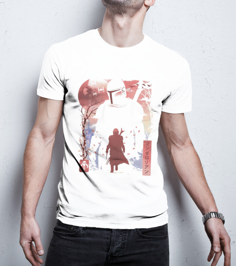 Lone Gunfighter Mandalorian Creed Japanese Text Star Wars Art Red Blue Yellow T-Shirt