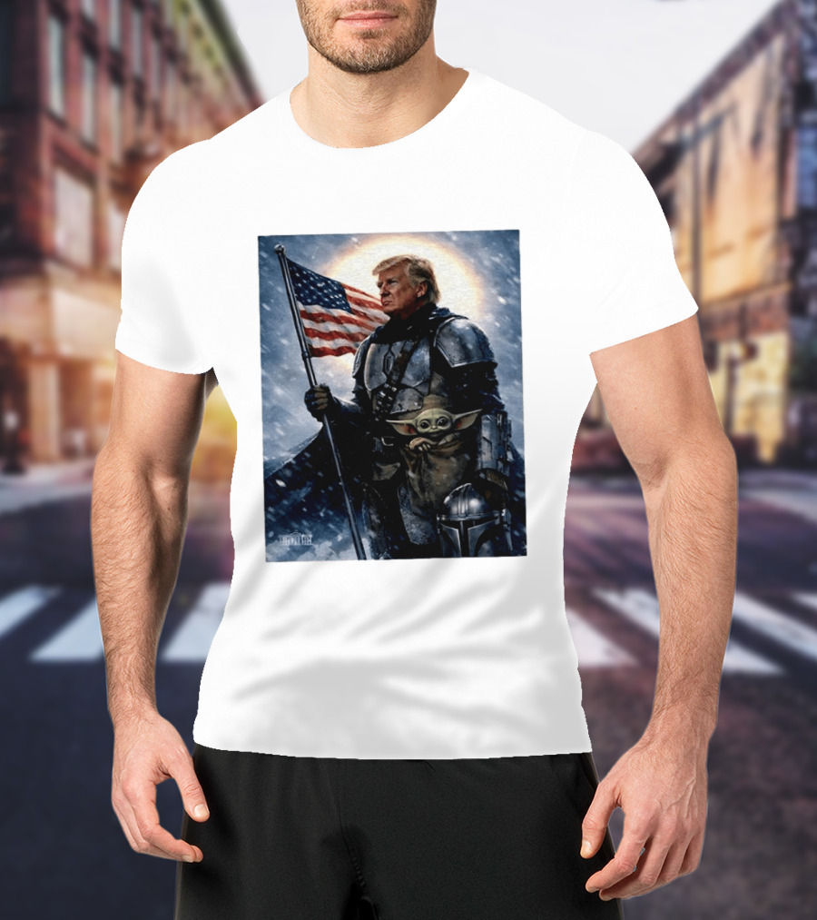 Donald Trump As The Mandalorian Holding American Flag With Grogu Star Wars T-Shirt