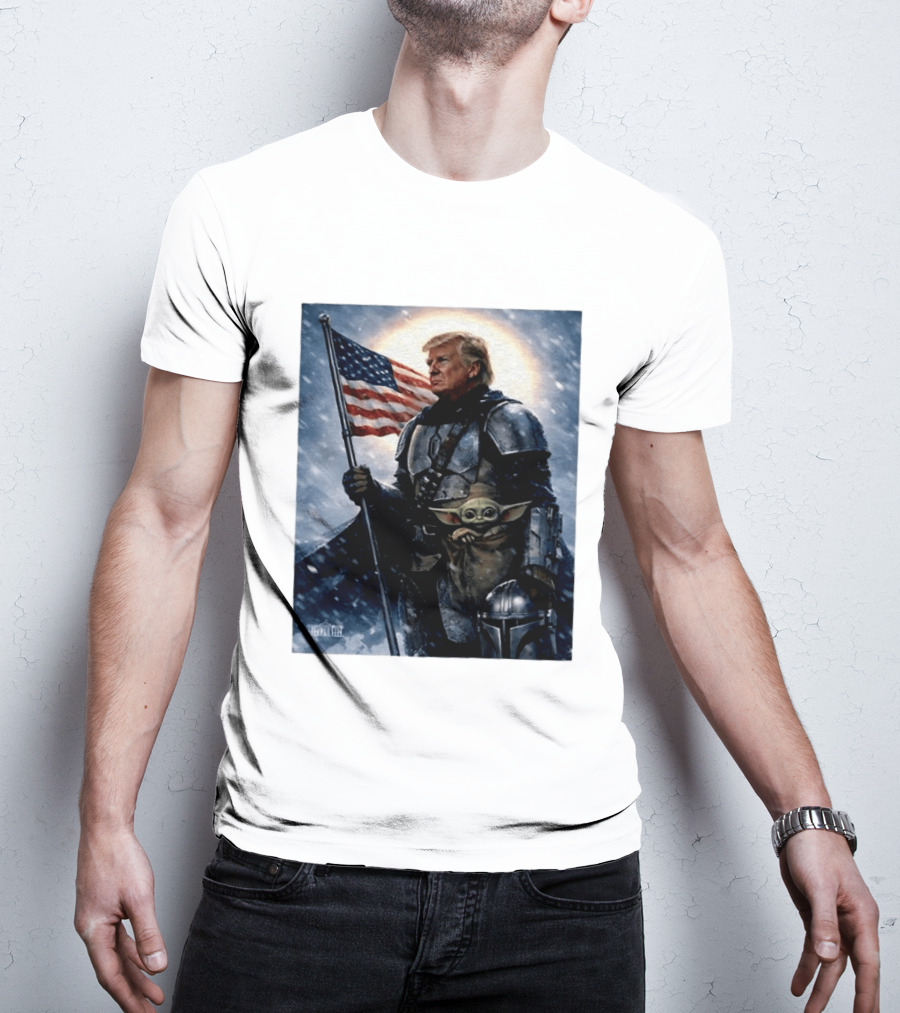 Donald Trump As The Mandalorian Holding American Flag With Grogu Star Wars T-Shirt