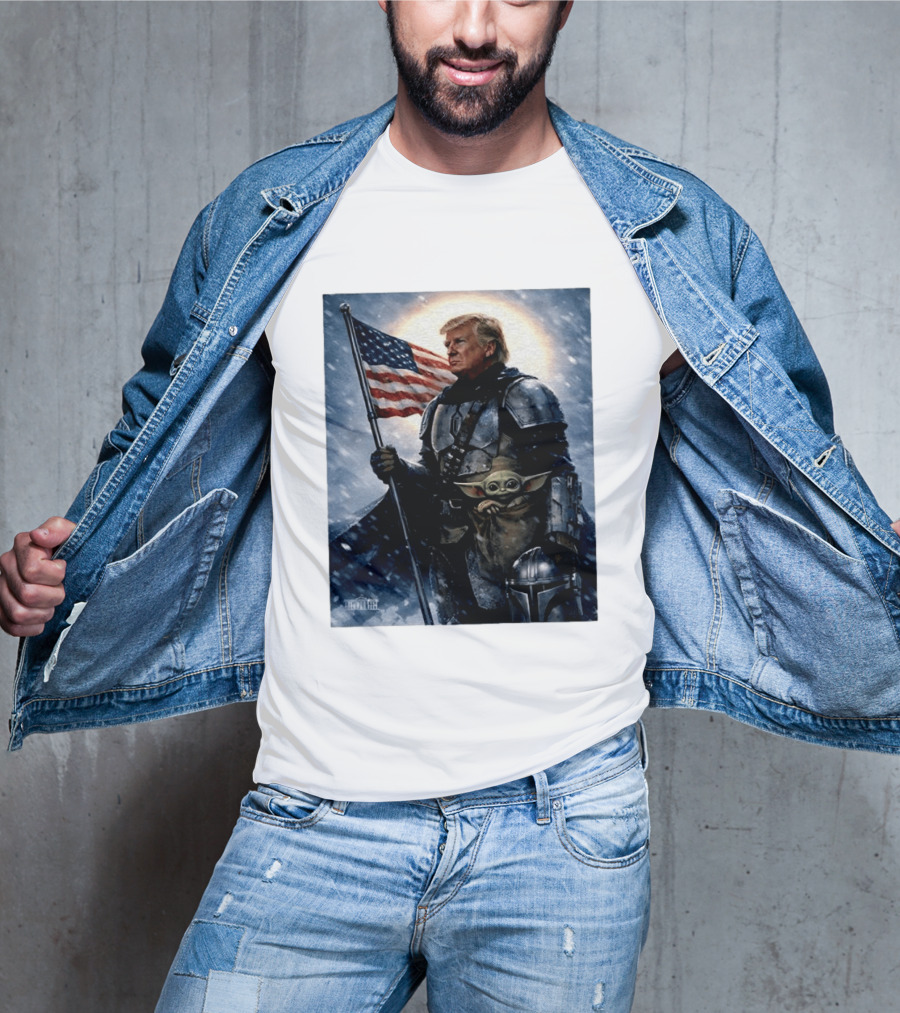 Donald Trump As The Mandalorian Holding American Flag With Grogu Star Wars T-Shirt