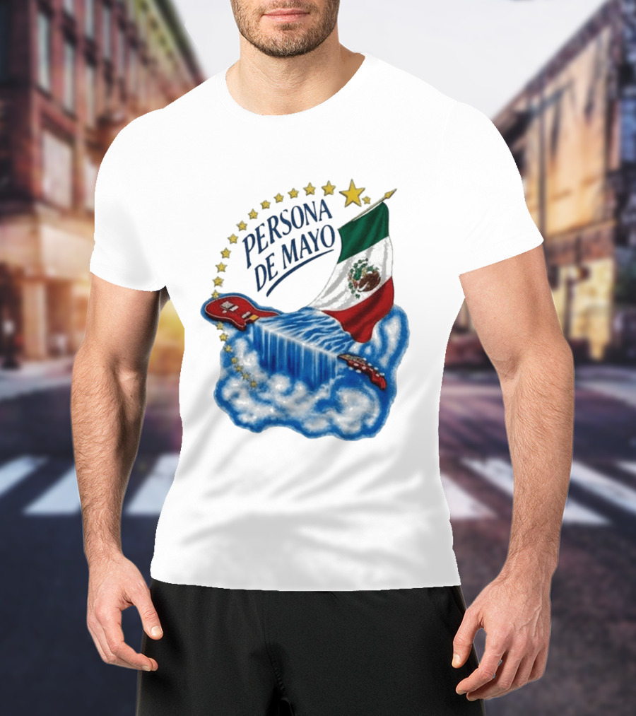 Persona De Mayo Mexican Flag Guitar Waterfall Stars T-Shirt