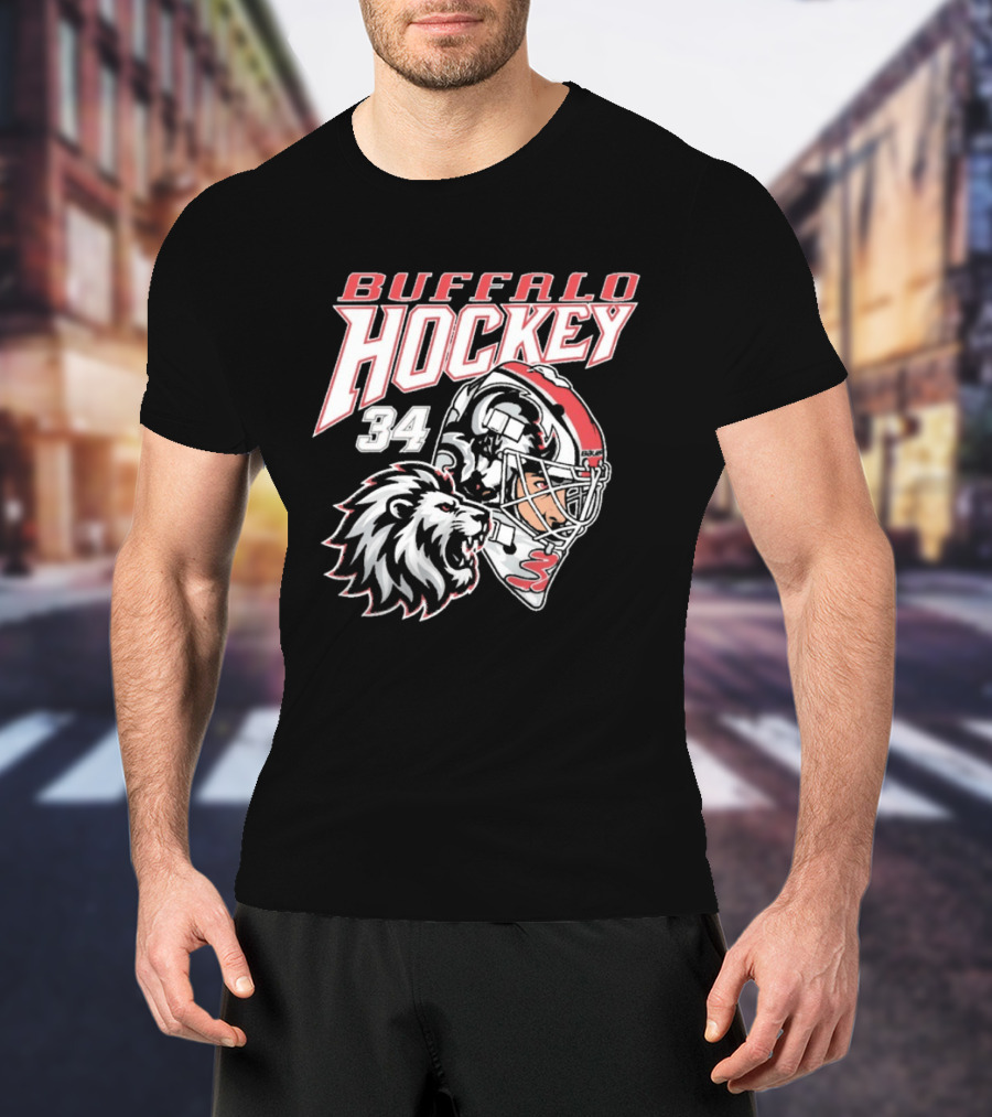 Buffalo Hockey 34 The Lyons Den Lion And Hockey Helmet T-Shirt