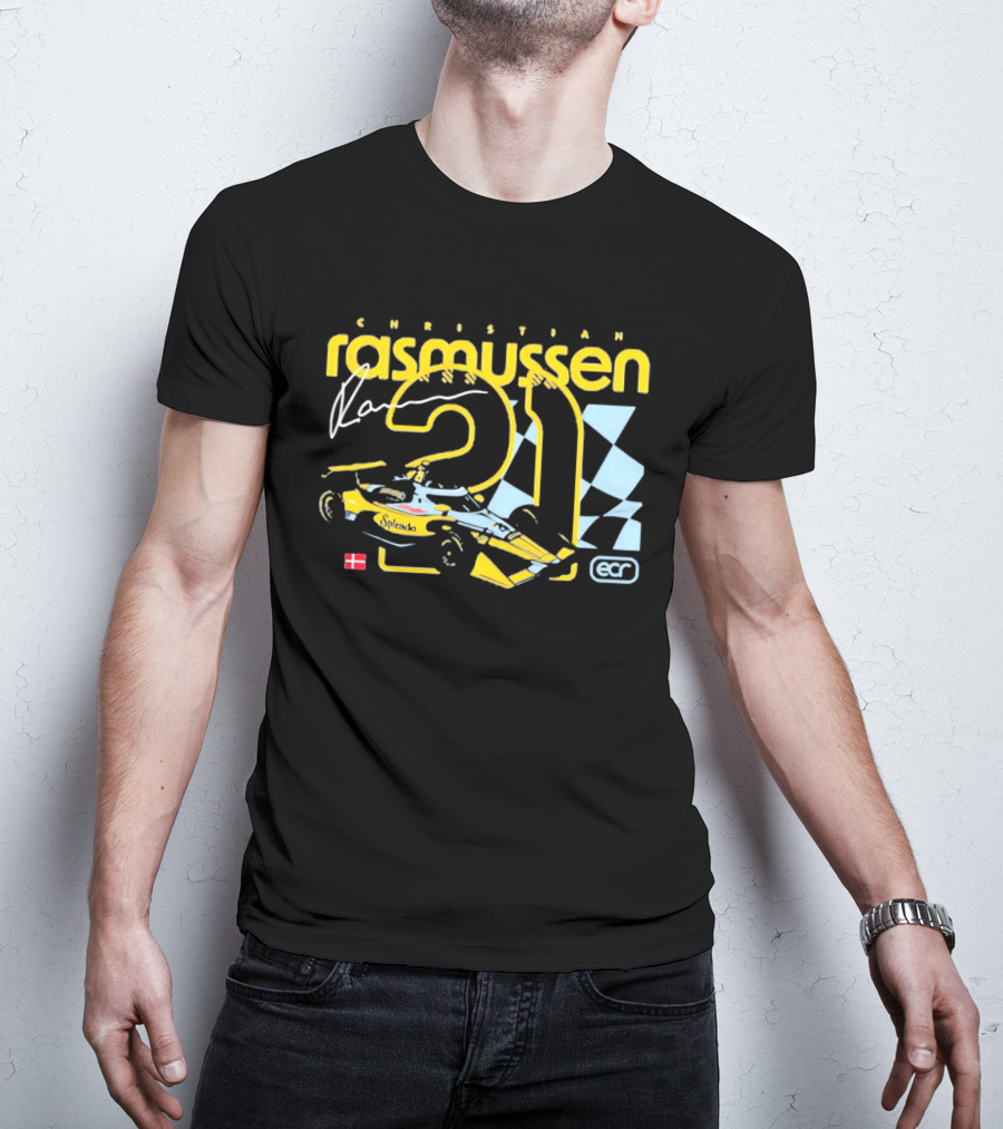 Christian Rasmussen ECR Number 21 Racing Splendor Denmark Flag Checkerboard T-Shirt