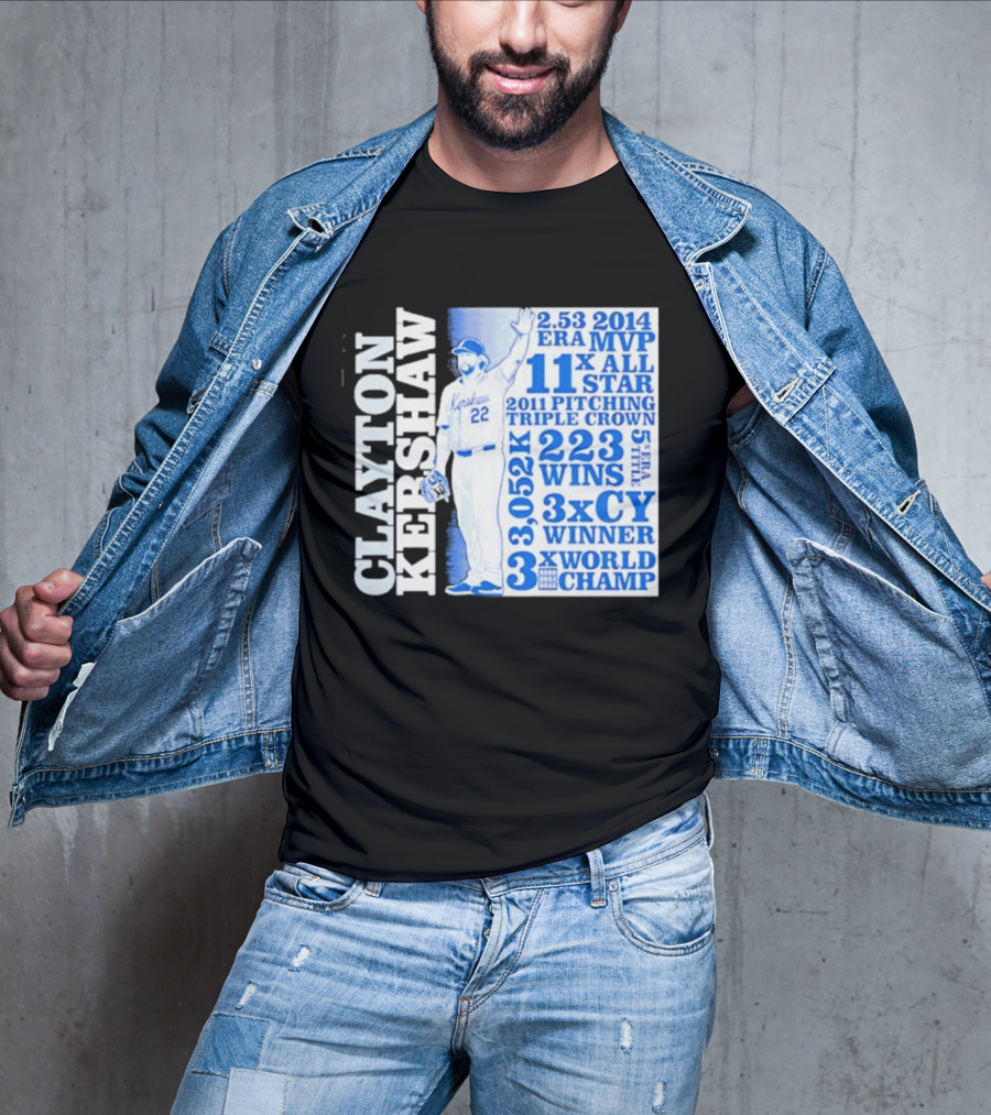 Clayton Kershaw Los Angeles Dodgers 3x World Champ 11x All Star 3x CY Winner 223 Wins T-Shirt