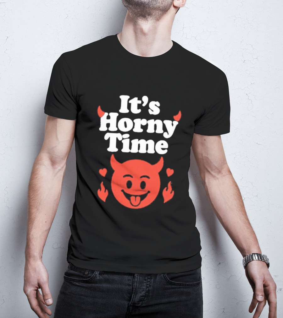 It's Horny Time Devil Red Face With Flames And Hearts T-Shirt