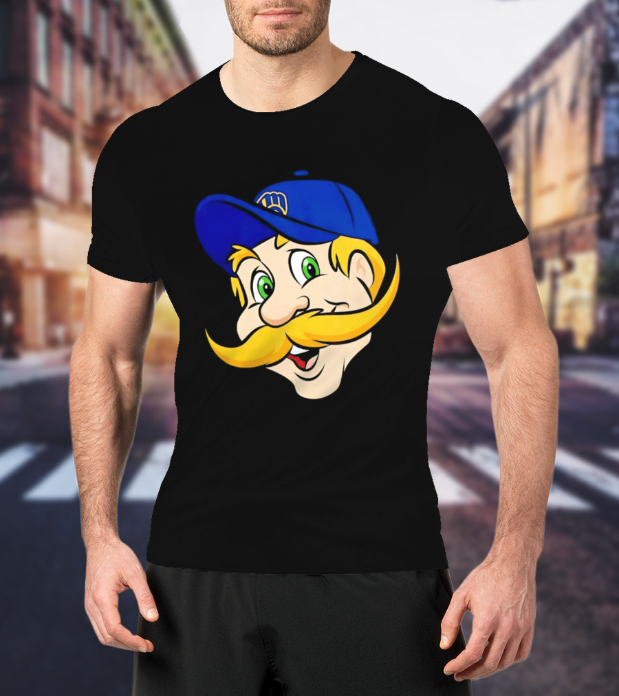 Milwaukee Brewers Big Face Mascot With Blue Cap And Mustache T-Shirt
