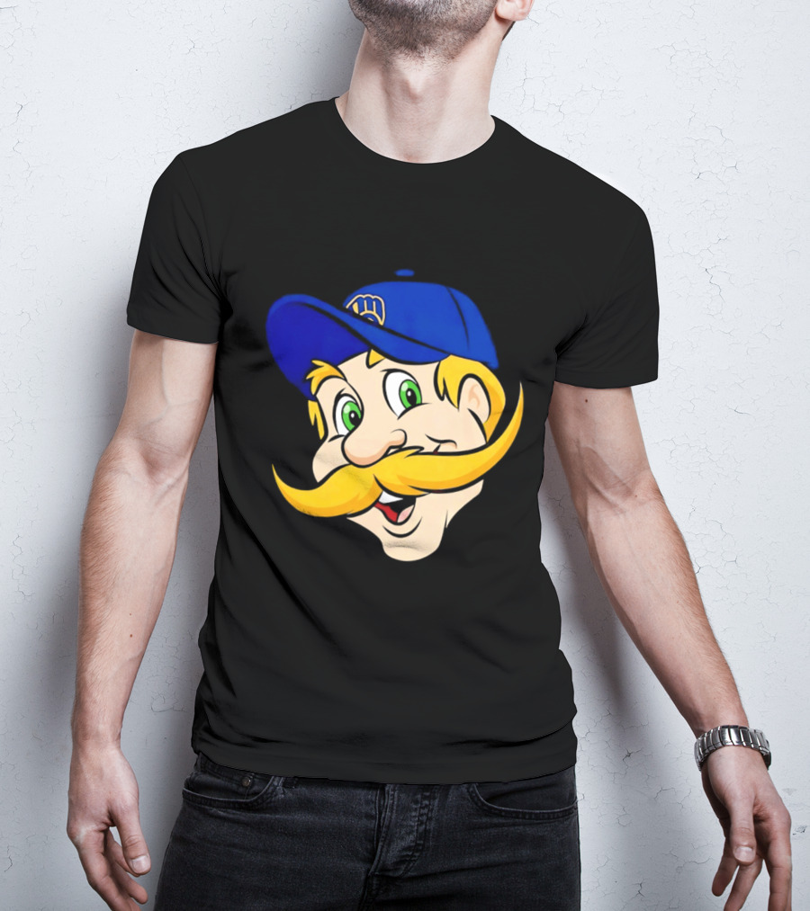 Milwaukee Brewers Big Face Mascot With Blue Cap And Mustache T-Shirt