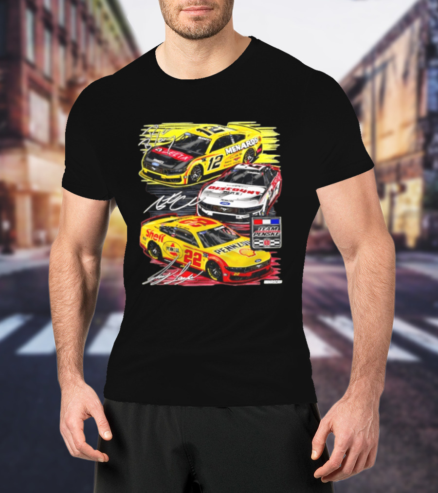 Team Penske 60th Anniversary NASCAR Racing Cars With Menards Shell Pennzoil Discount Tire Sponsors And Driver Signatures T-Shirt