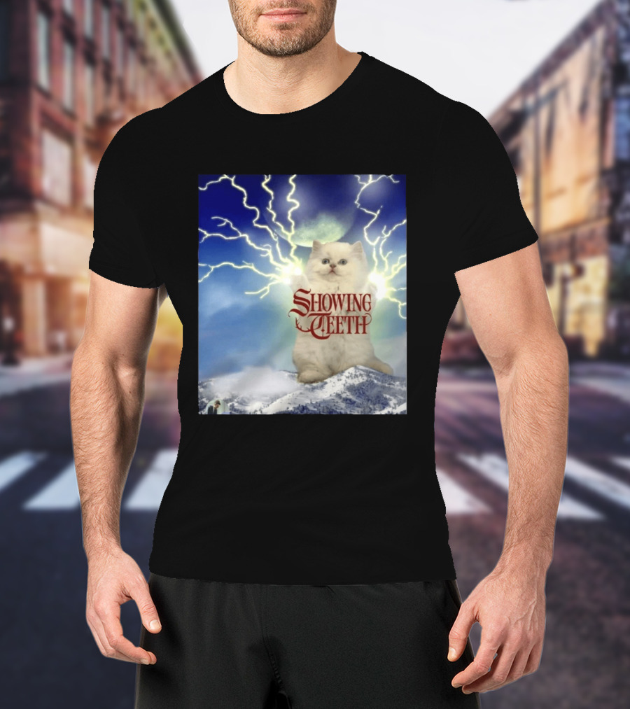 Showing Teeth Cat With Lightning Background In Blue Sky T-Shirt