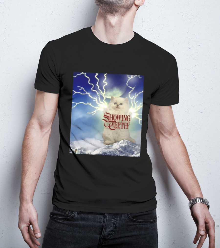 Showing Teeth Cat With Lightning Background In Blue Sky T-Shirt