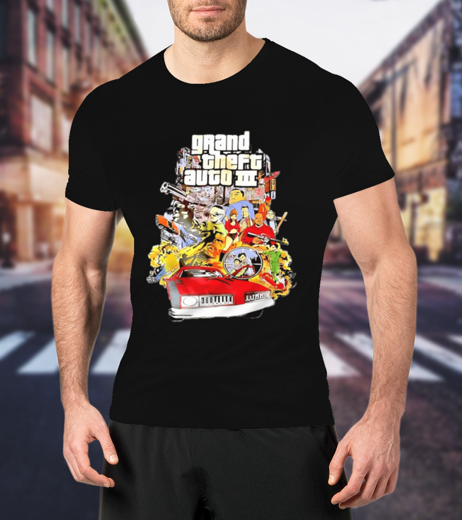 Grand Theft Auto III Characters Action Collage With Iconic Red Car T-Shirt
