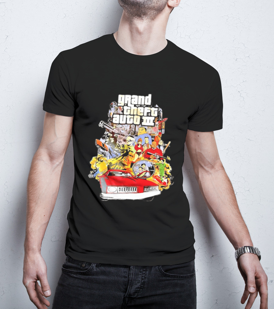 Grand Theft Auto III Characters Action Collage With Iconic Red Car T-Shirt
