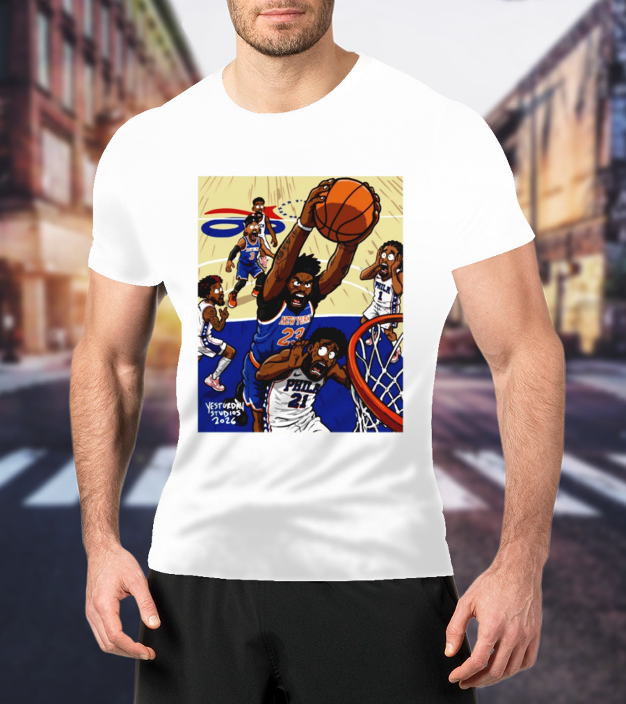 New York Knicks Mitchell Robinson Dunking On Philadelphia Joel Embiid Caricature 2026 Basketball Action T-Shirt