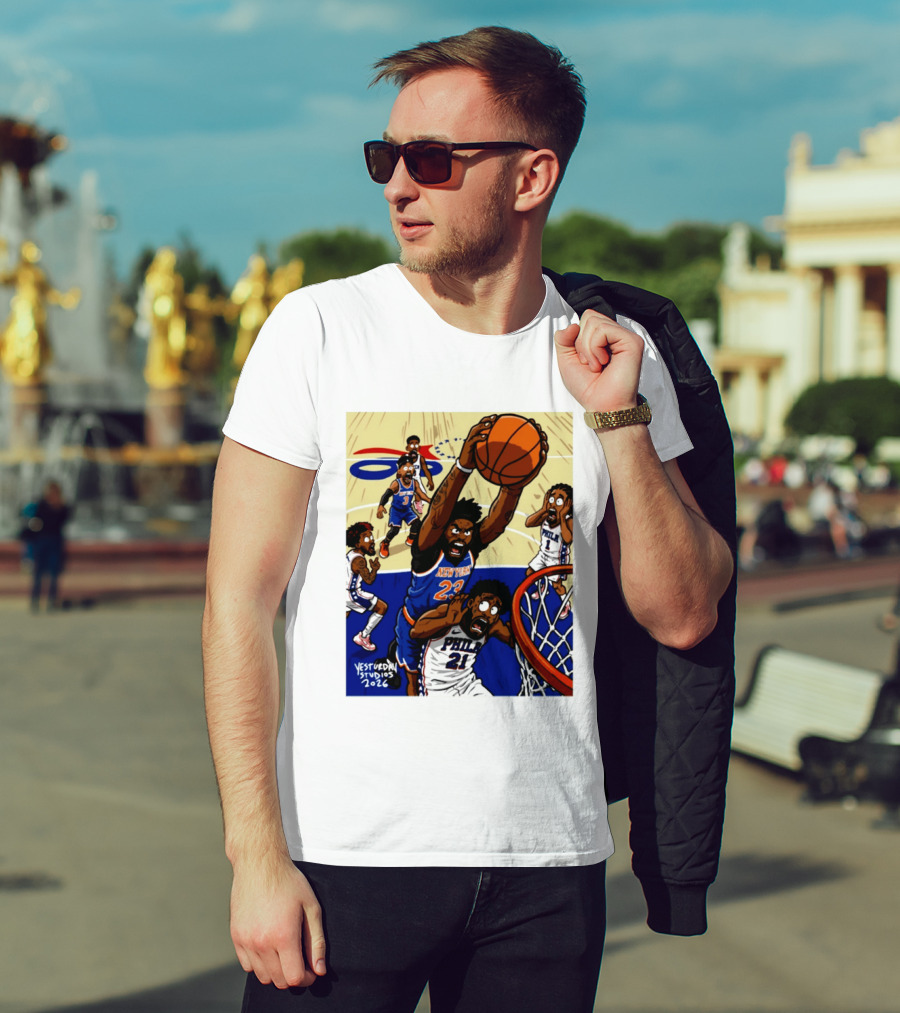 New York Knicks Mitchell Robinson Dunking On Philadelphia Joel Embiid Caricature 2026 Basketball Action T-Shirt