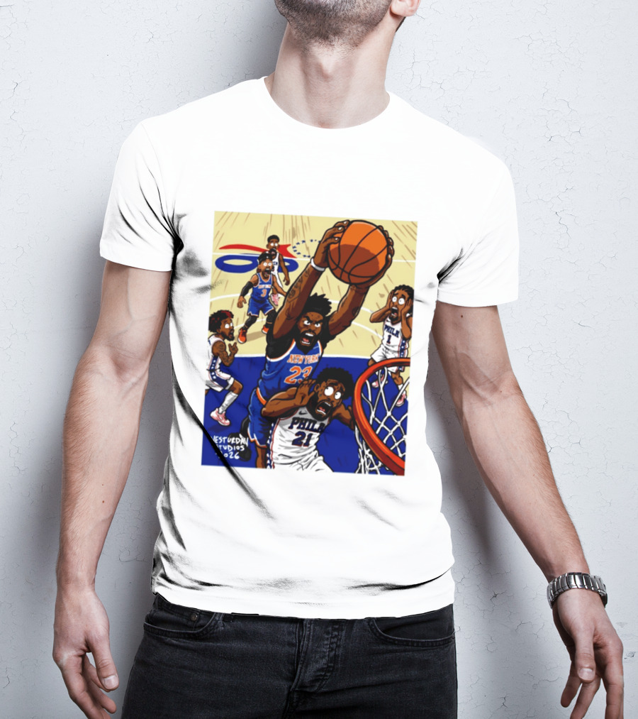 New York Knicks Mitchell Robinson Dunking On Philadelphia Joel Embiid Caricature 2026 Basketball Action T-Shirt