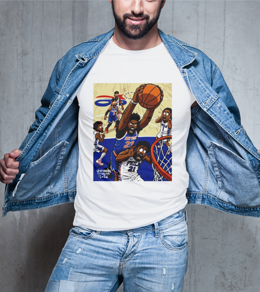 New York Knicks Mitchell Robinson Dunking On Philadelphia Joel Embiid Caricature 2026 Basketball Action T-Shirt