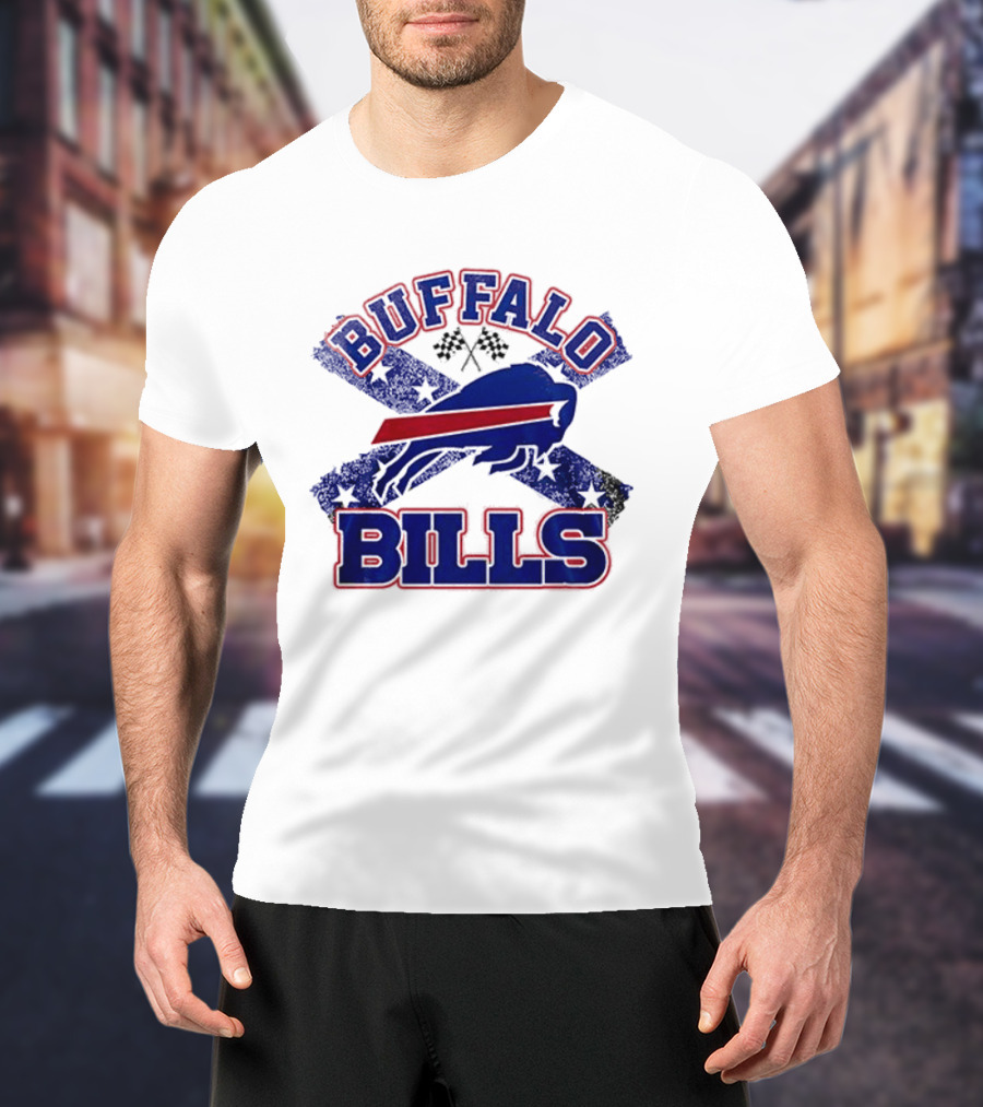 Buffalo Bills Caricature With Flag And Crossed Checkered Flags T-Shirt